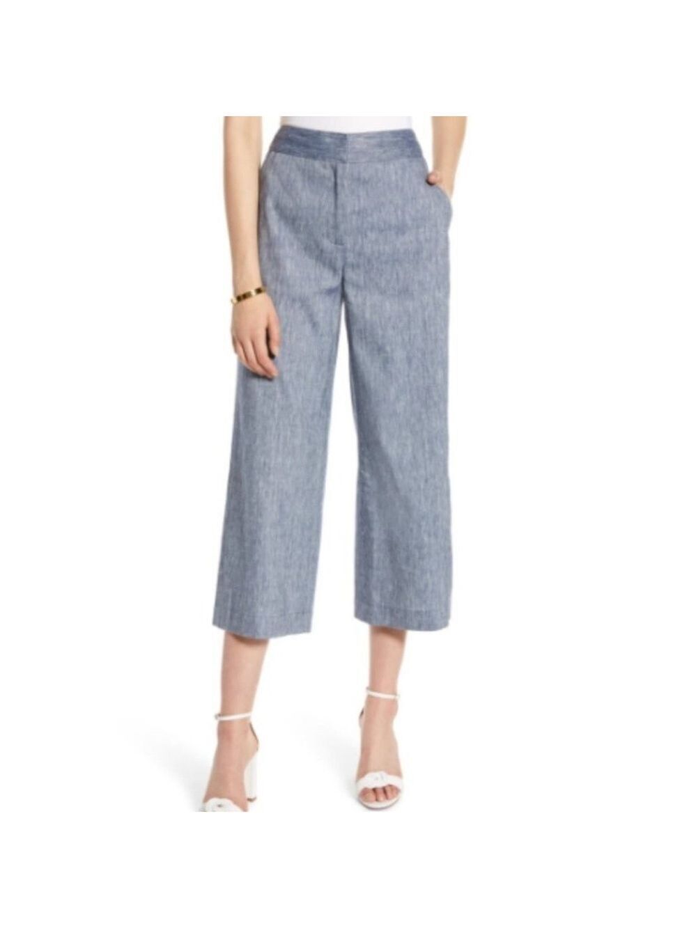 NWT Halogen High Waisted Wide Leg Cropped Linen Blend Pants SZ 2 Chambray Blue